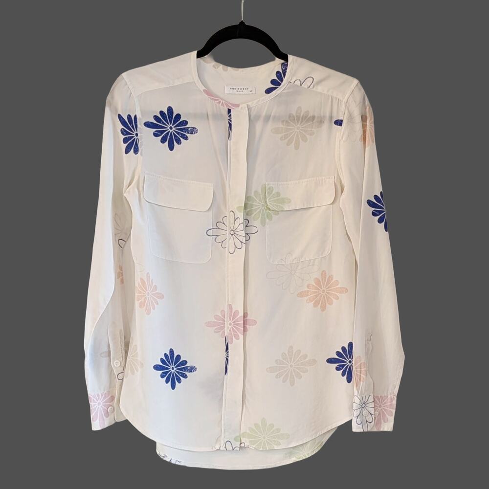 Equipment Femme Silk Floral Button Front Blouse White Long Sleeve Pocket Size S